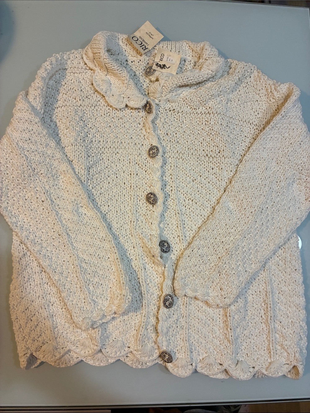 NWT cream THICK Cable-Knit Button Cardigan Sweater RICO handmade Thailand